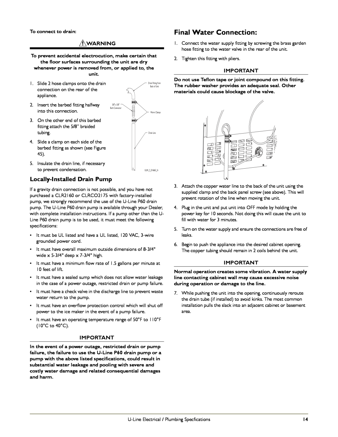 U-Line CO1175, CO2175 manual Final Water Connection, Locally-InstalledDrain Pump 