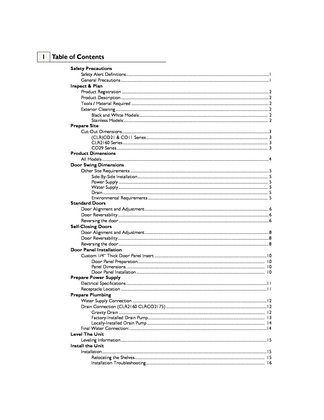 U-Line CO1175, CO2175 manual Table of Contents 