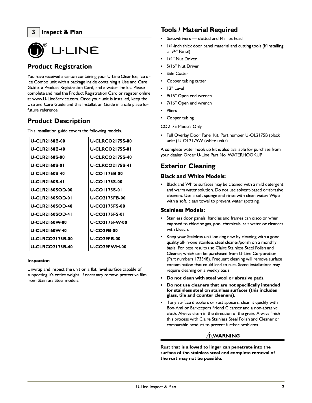 U-Line CO1175 Product Registration, Product Description, Tools / Material Required, Exterior Cleaning, Inspect & Plan 