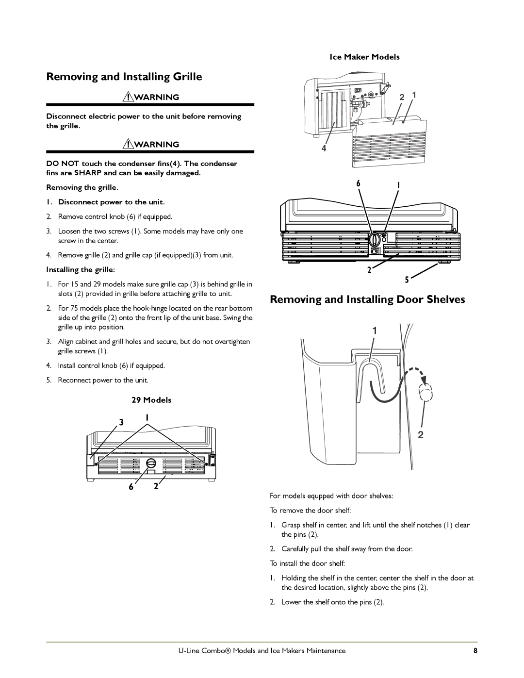 U-Line SP18, CO1175 manual Removing and Installing Grille, Removing and Installing Door Shelves, Installing the grille 