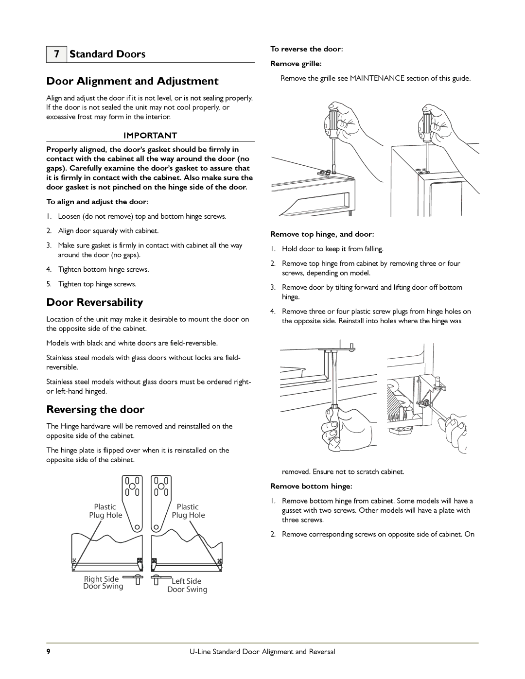 U-Line CO1175, SP18 manual Door Alignment and Adjustment, Door Reversability, Reversing the door, Standard Doors 