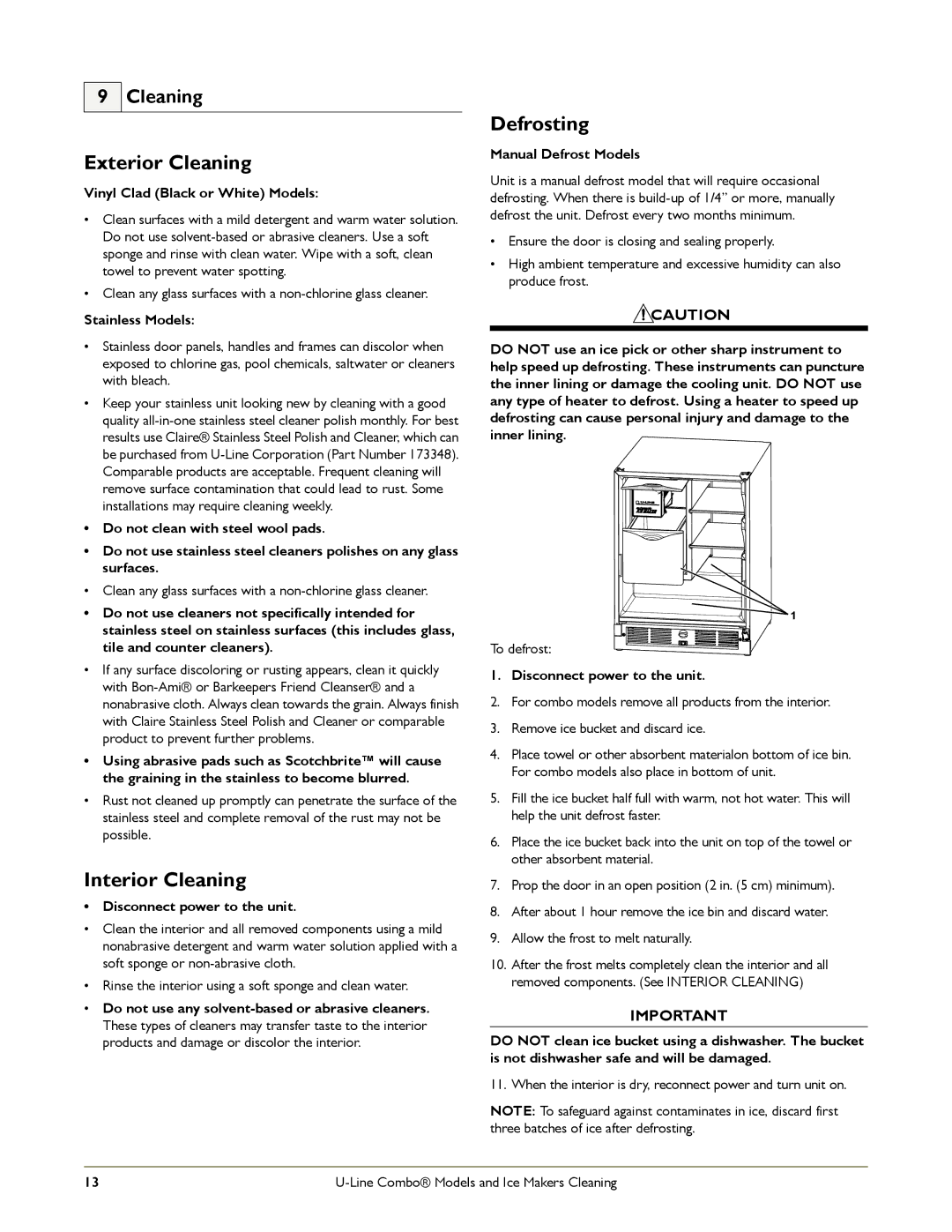 U-Line CO1175, SP18 manual Exterior Cleaning, Interior Cleaning, Defrosting 