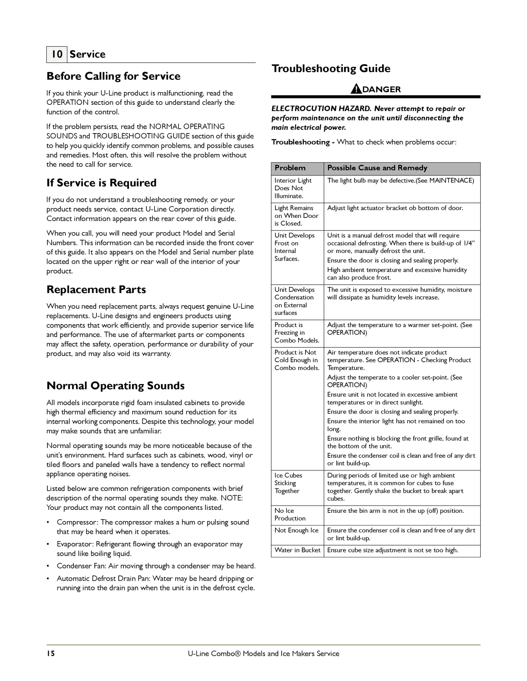 U-Line CO1175, SP18 manual Before Calling for Service, If Service is Required, Replacement Parts, Normal Operating Sounds 