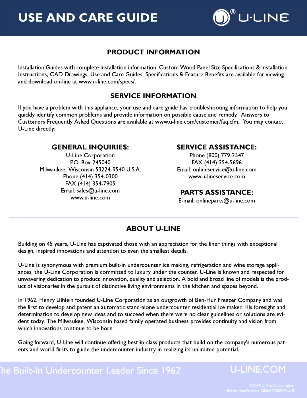 U-Line CO1175, SP18 manual He Built-In Undercounter Leader Since 