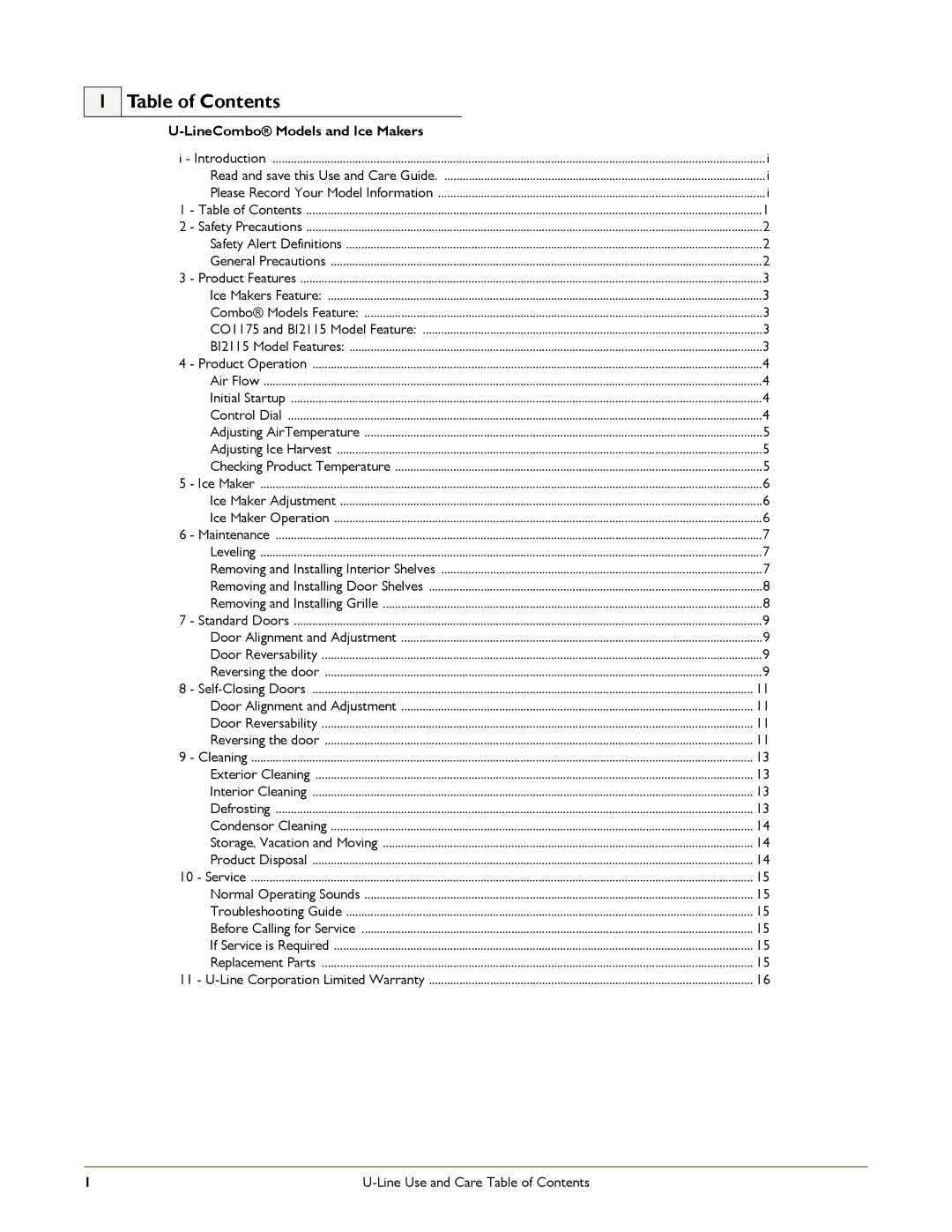 U-Line CO1175, SP18 manual Table of Contents 