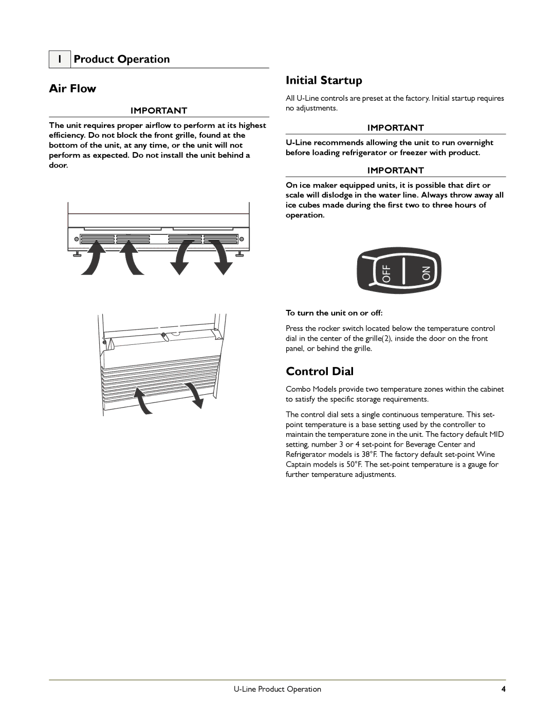 U-Line SP18, CO1175 manual Air Flow, Initial Startup, Control Dial, Product Operation, To turn the unit on or off 