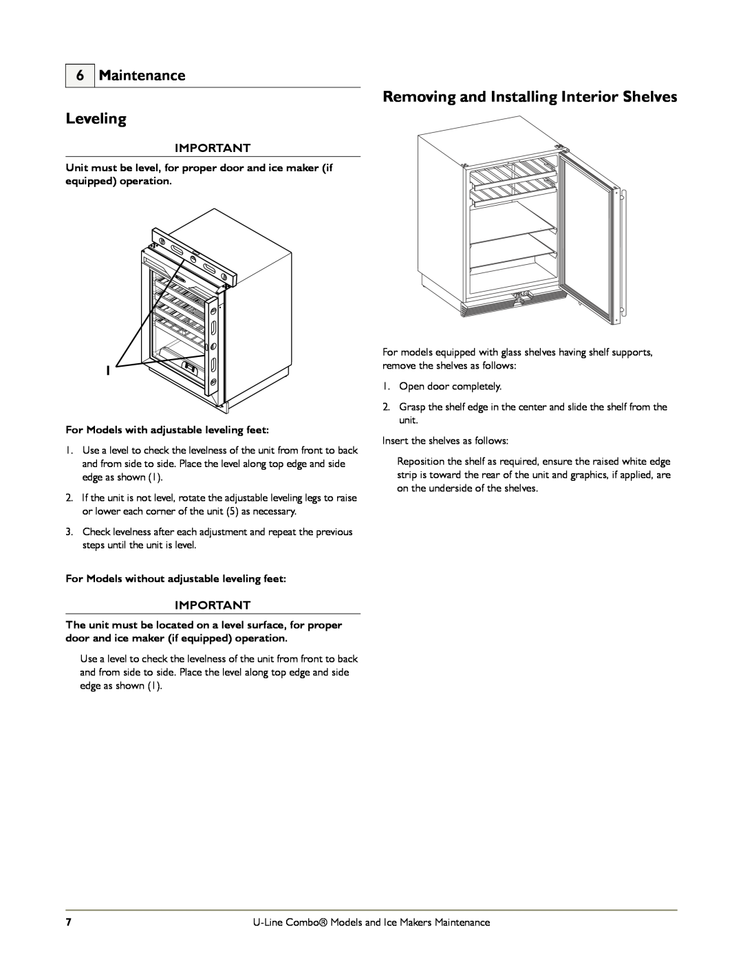 U-Line CO1175, SP18 manual Leveling, Removing and Installing Interior Shelves, Maintenance 
