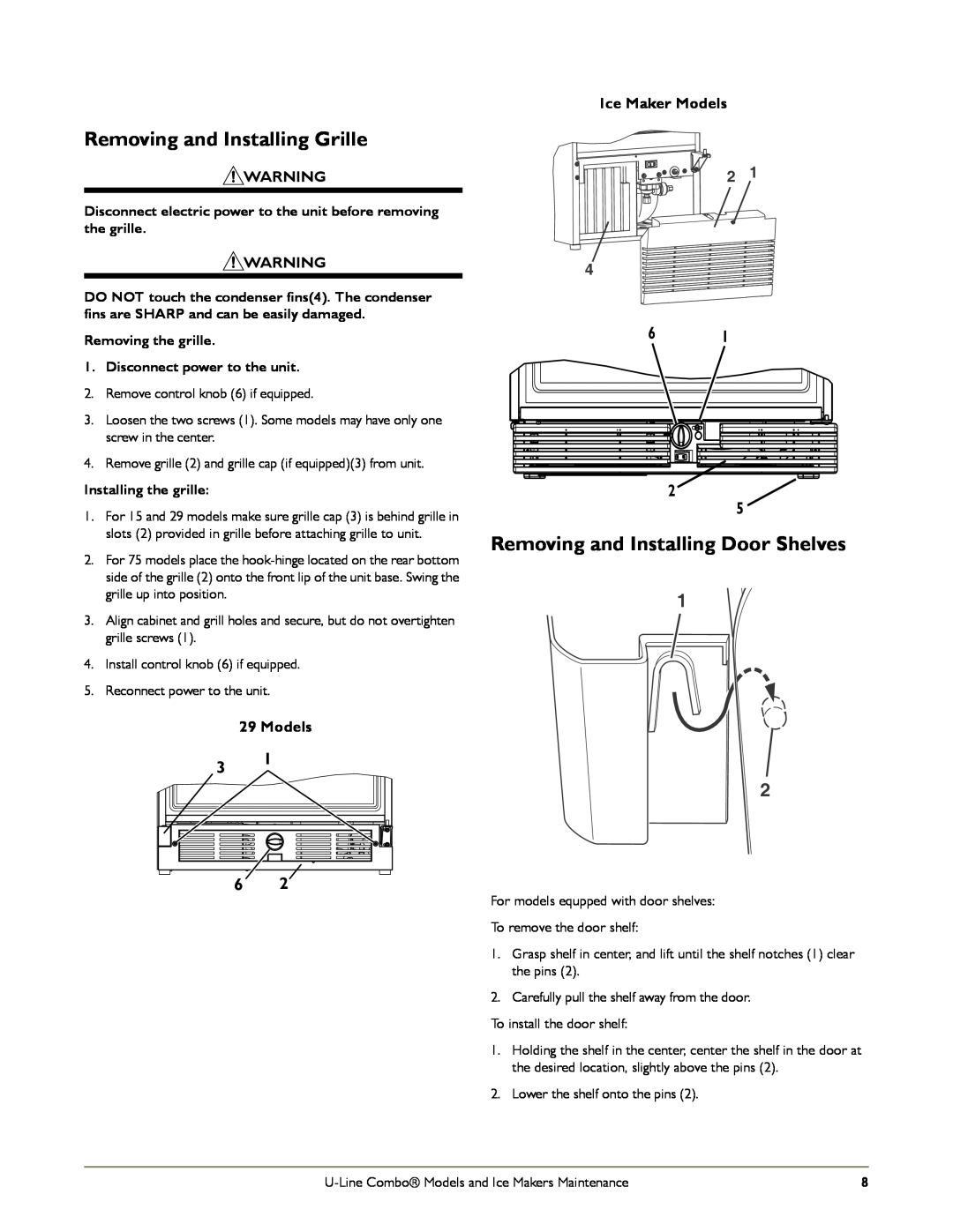 U-Line SP18, CO1175 manual Removing and Installing Grille, Removing and Installing Door Shelves, Ice Maker Models 