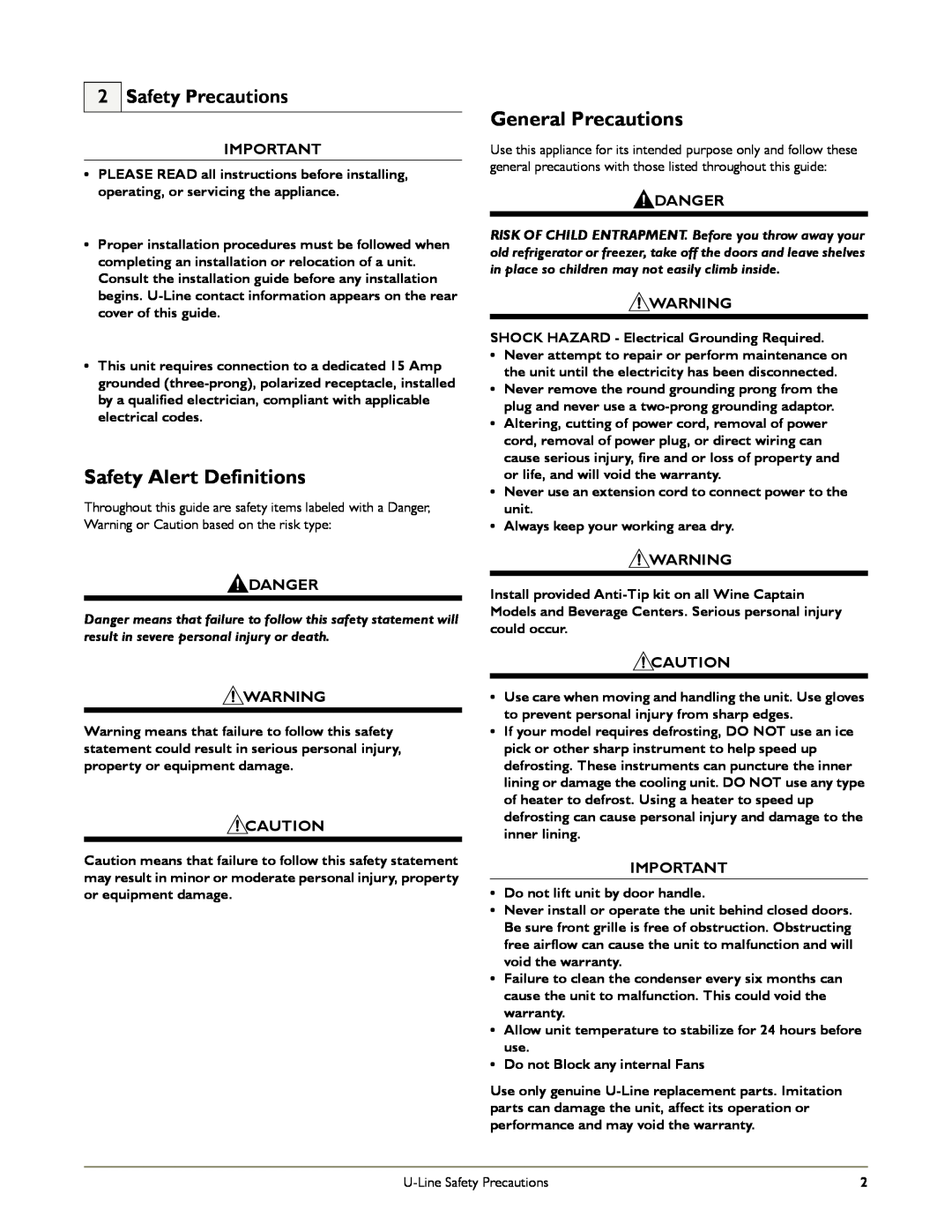 U-Line SP18, CO1175 manual Safety Alert Definitions, General Precautions, Safety Precautions, Danger 
