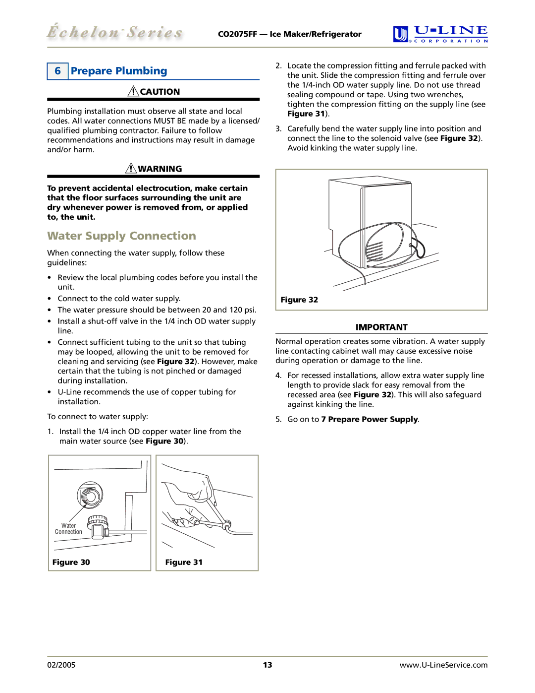 U-Line CO2075FF manual Water Supply Connection, Prepare Plumbing, Go on to 7 Prepare Power Supply 