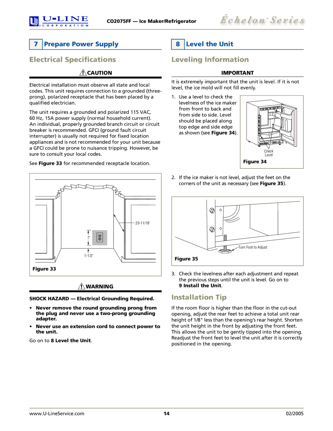 U-Line CO2075FF Electrical Specifications, Leveling Information, Installation Tip, Prepare Power Supply Level the Unit 