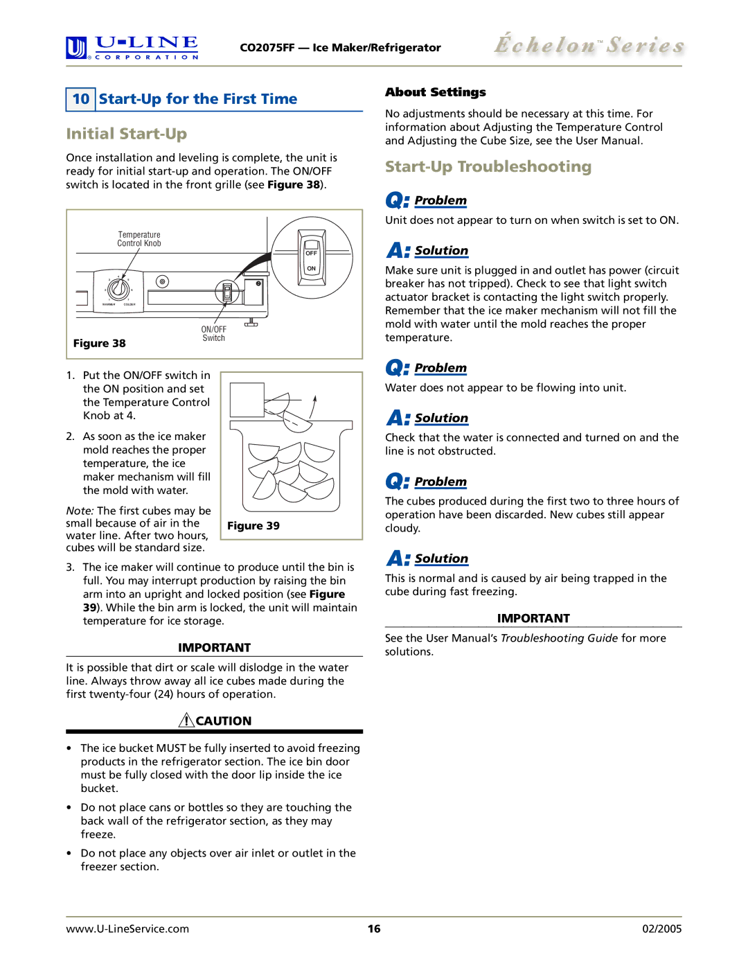 U-Line CO2075FF manual Initial Start-Up, Start-Up Troubleshooting, Start-Up for the First Time, About Settings 