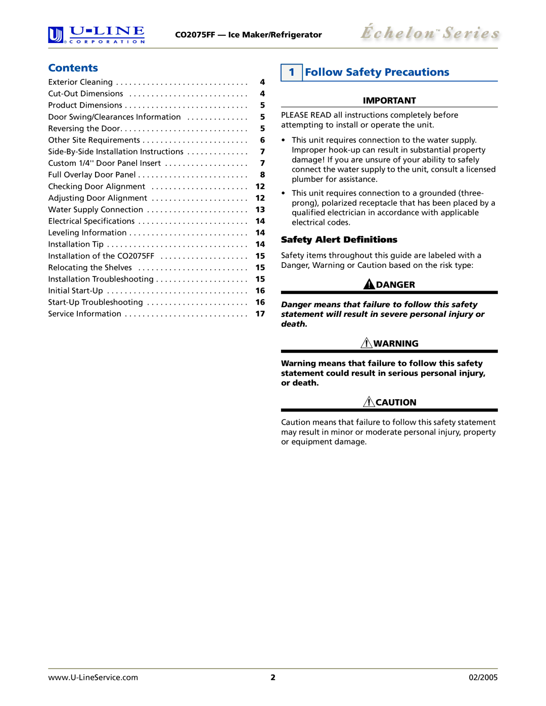 U-Line CO2075FF manual Contents, Follow Safety Precautions 