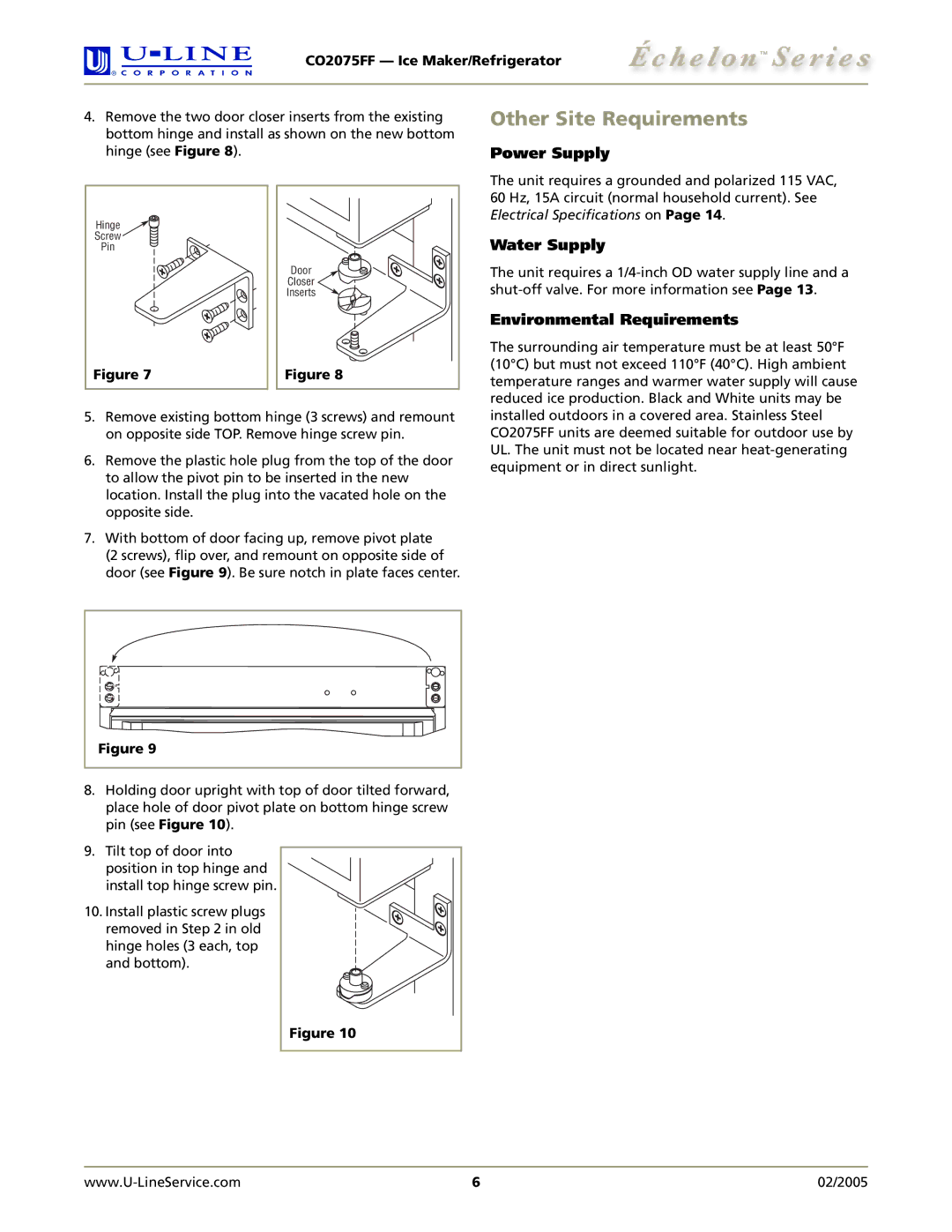 U-Line CO2075FF manual Other Site Requirements, Power Supply, Water Supply, Environmental Requirements 