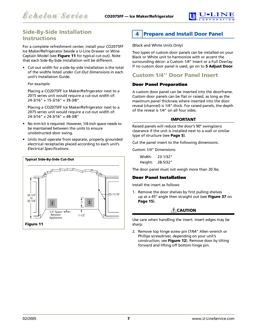 U-Line CO2075FF manual Side-By-Side Installation Instructions, Custom 1/4 Door Panel Insert, Prepare and Install Door Panel 