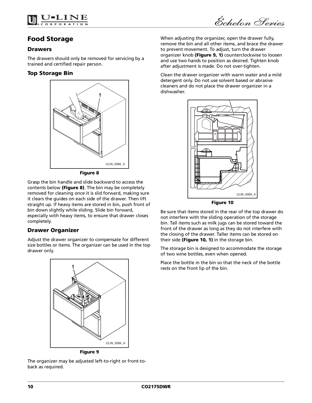 U-Line CO2175DWR manual Food Storage, Drawers, Top Storage Bin, Drawer Organizer 