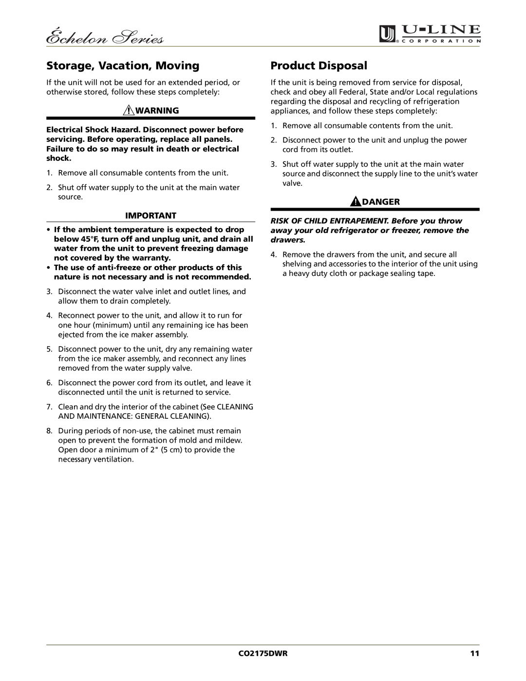 U-Line CO2175DWR manual Storage, Vacation, Moving, Product Disposal 