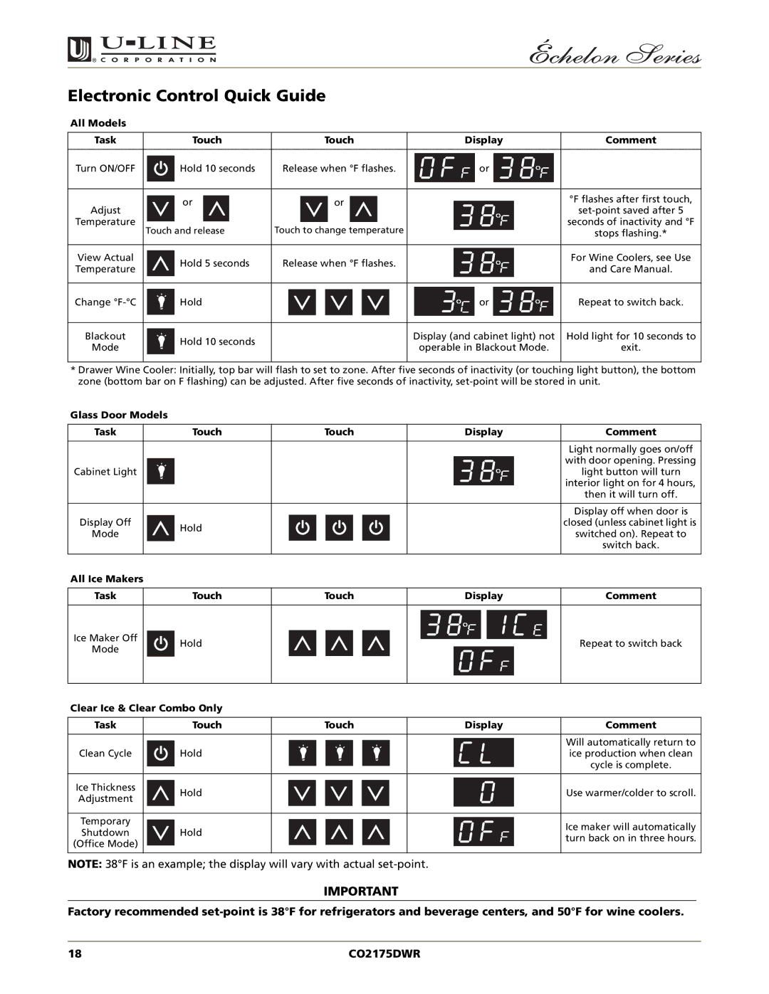 U-Line CO2175DWR manual Electronic Control Quick Guide, All Models Task Touch Display Comment 