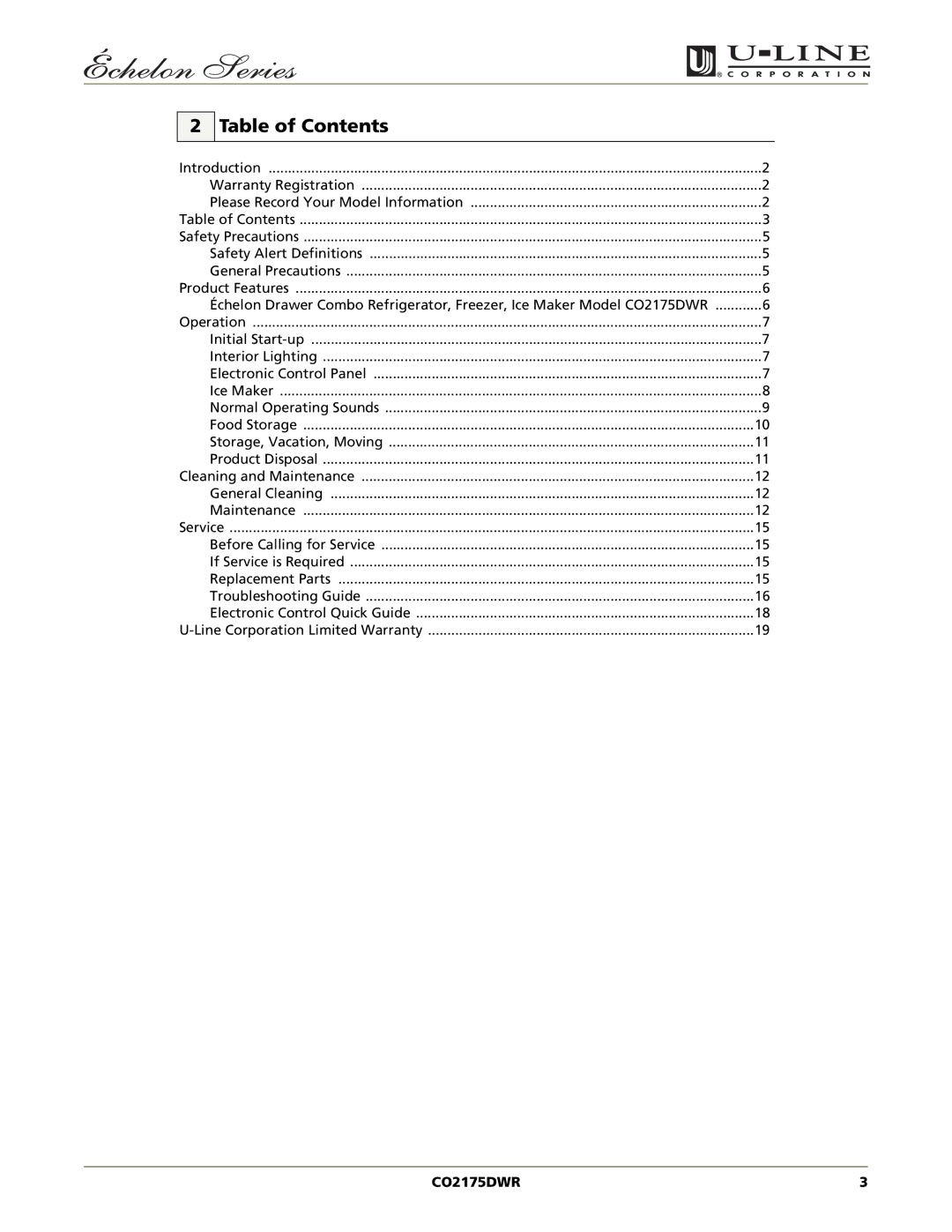 U-Line CO2175DWR manual Table of Contents 