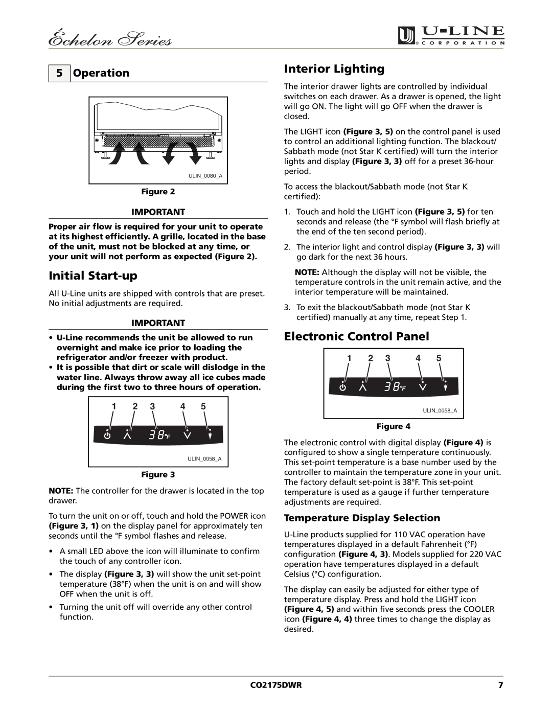 U-Line CO2175DWR Initial Start-up, Interior Lighting, Electronic Control Panel, Operation, Temperature Display Selection 