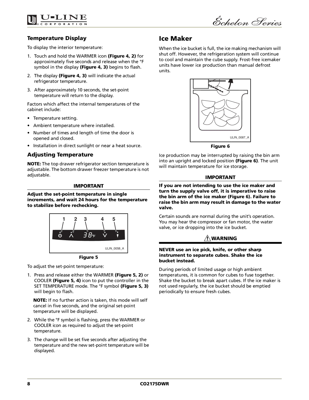 U-Line CO2175DWR manual Ice Maker, Temperature Display, Adjusting Temperature 