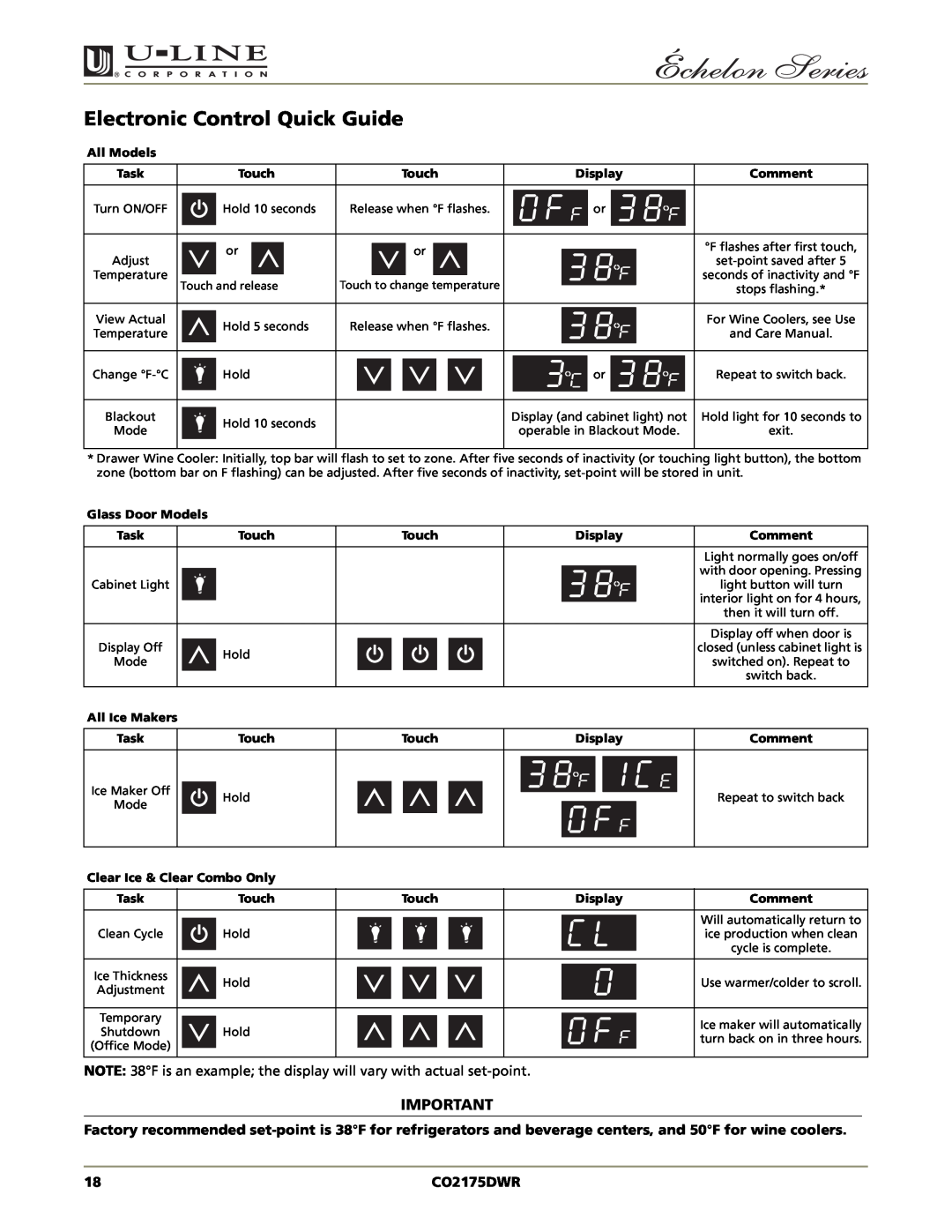 U-Line CO2175DWR manual Electronic Control Quick Guide 