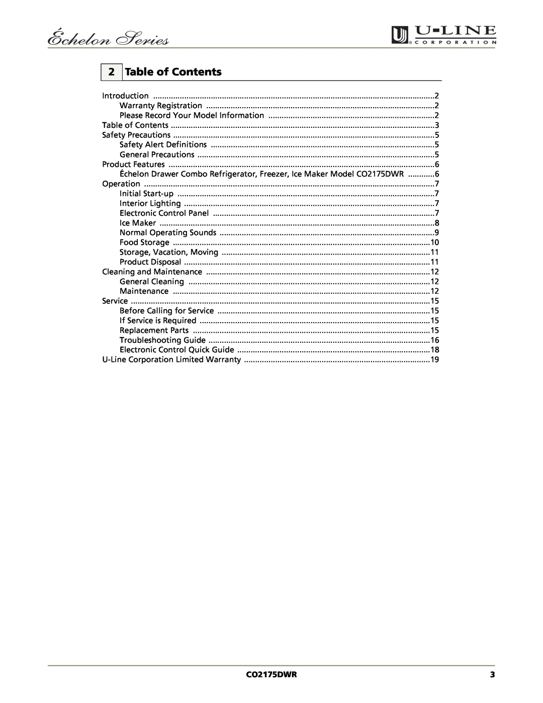 U-Line CO2175DWR manual Table of Contents 
