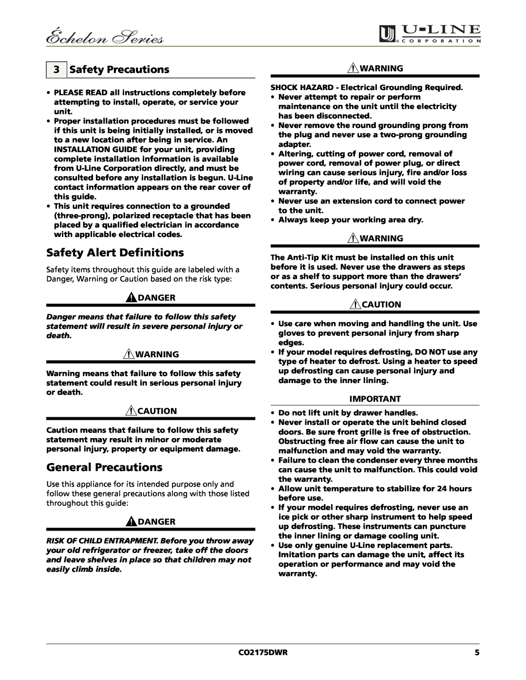 U-Line CO2175DWR manual Safety Alert Definitions, General Precautions, 3Safety Precautions, Danger 