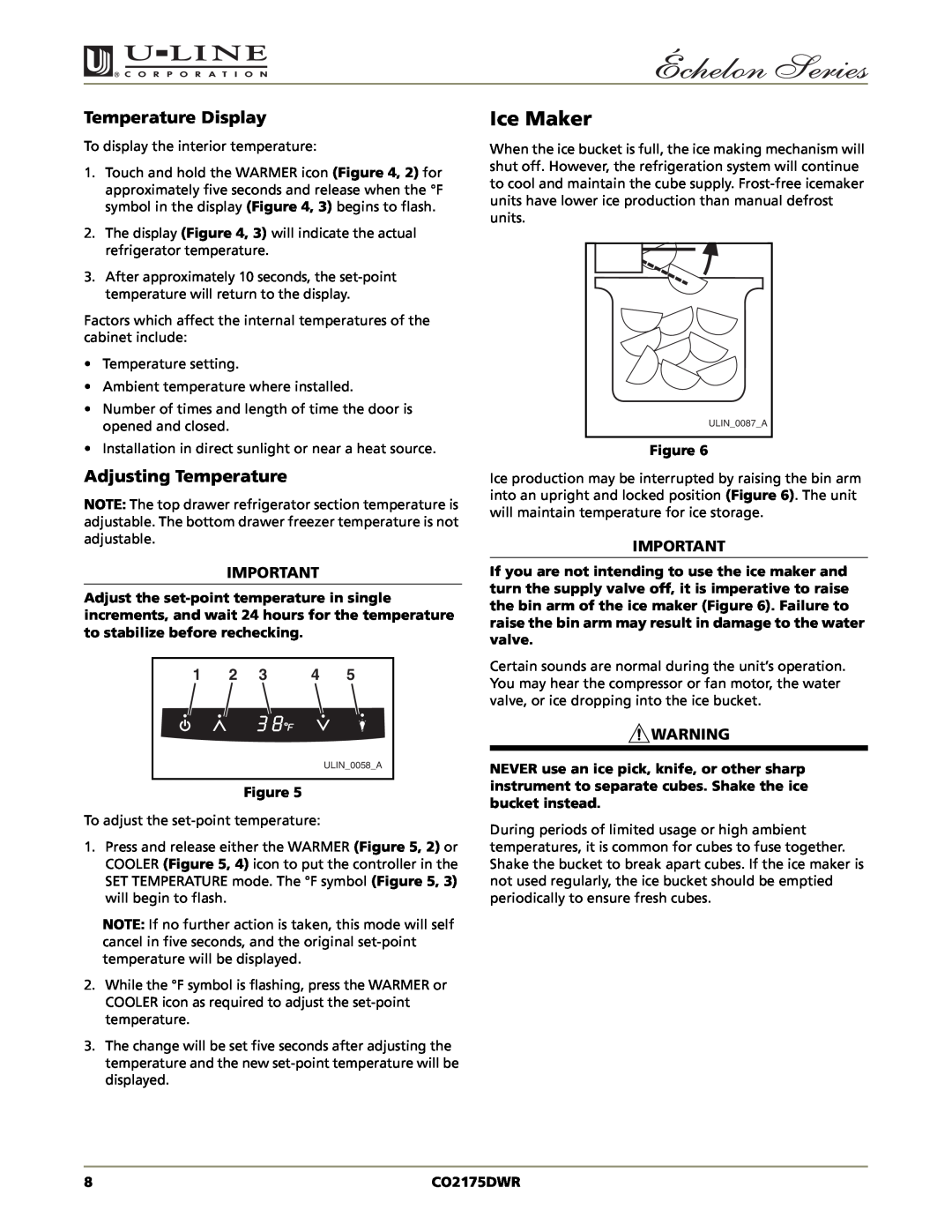 U-Line CO2175DWR manual Ice Maker, Temperature Display, Adjusting Temperature 