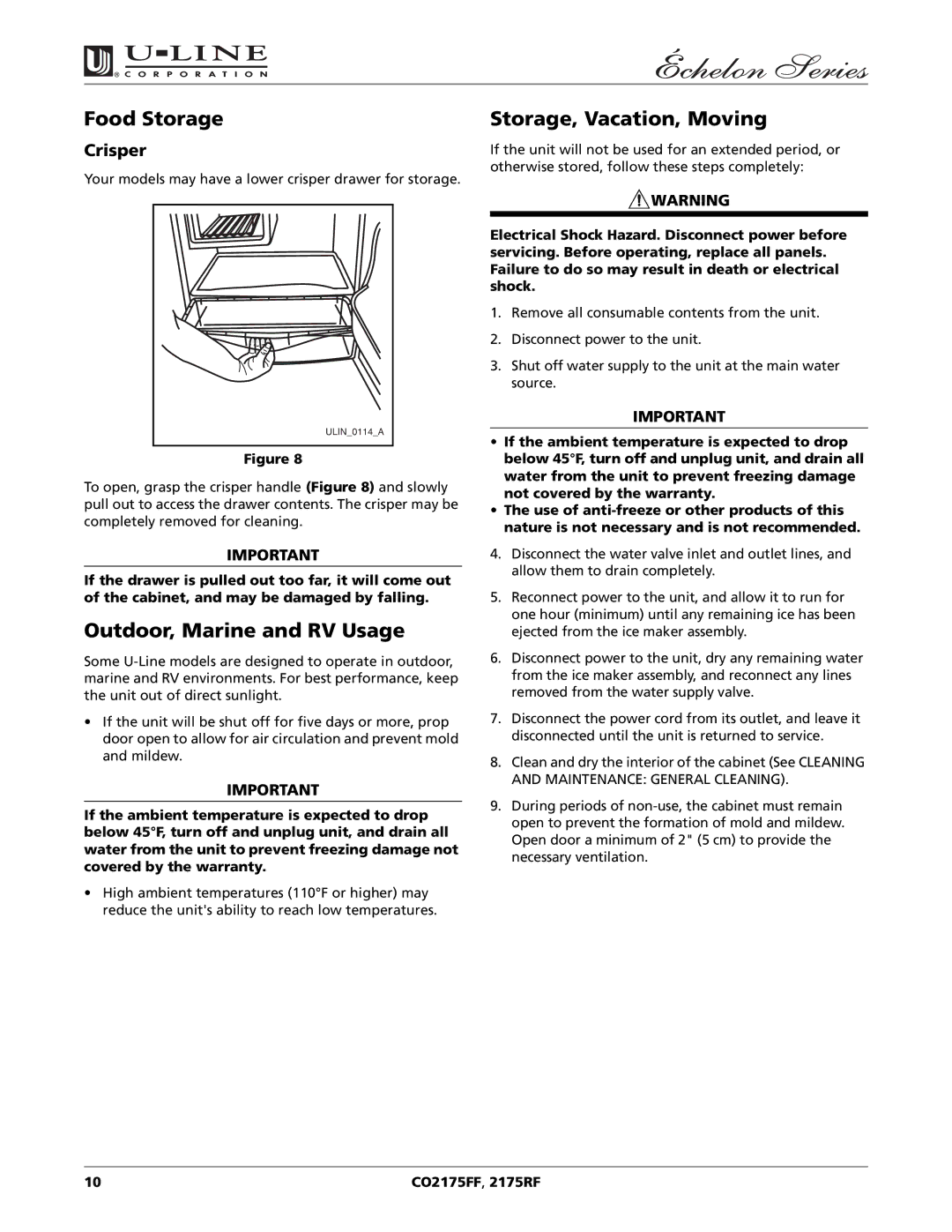 U-Line CO2175FF 2175RF manual Food Storage, Outdoor, Marine and RV Usage, Storage, Vacation, Moving, Crisper 