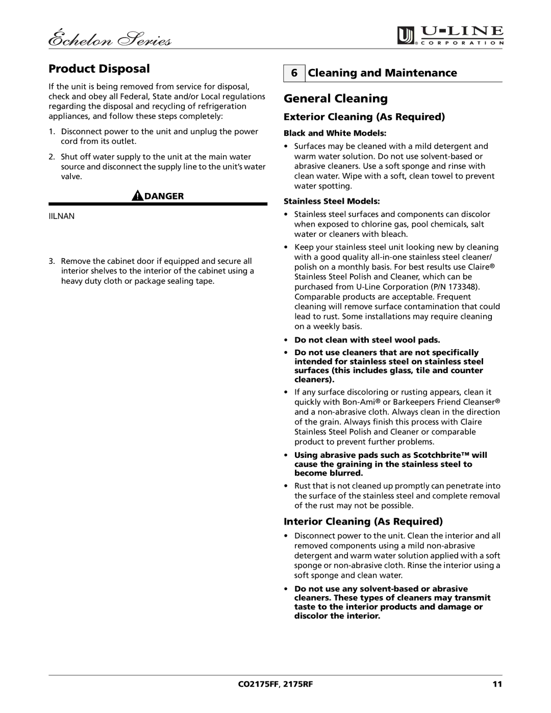 U-Line CO2175FF 2175RF Product Disposal, General Cleaning, Cleaning and Maintenance, Exterior Cleaning As Required 