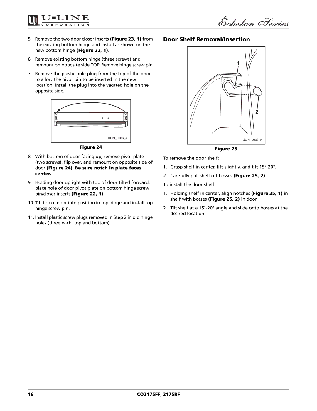 U-Line CO2175FF 2175RF manual Door Shelf Removal/Insertion 