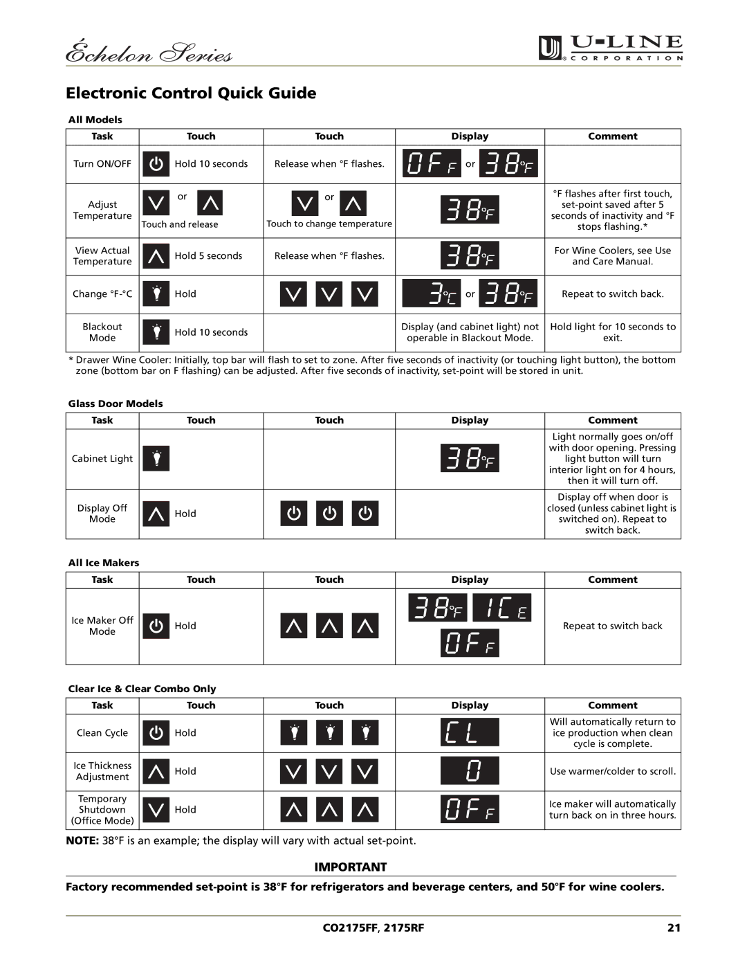 U-Line CO2175FF 2175RF manual Electronic Control Quick Guide, All Models Task Touch Display Comment 