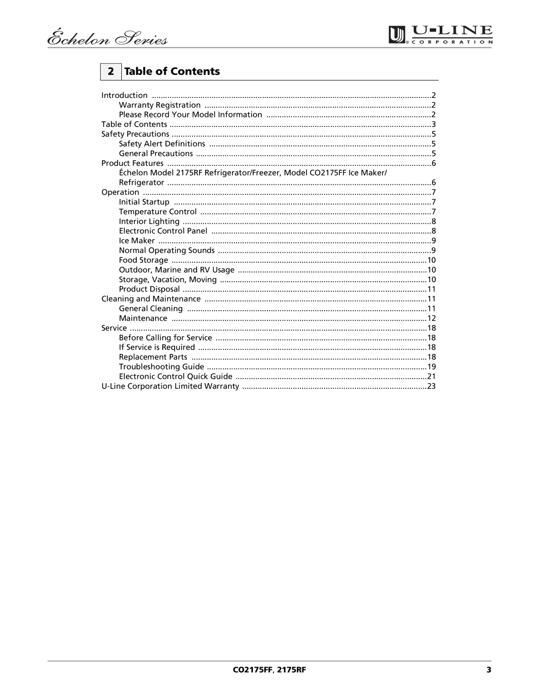 U-Line CO2175FF 2175RF manual Table of Contents 