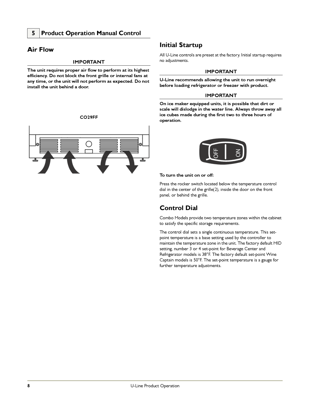 U-Line C2275DWR, CO2175FF, 2175RF manual Control Dial, To turn the unit on or off 