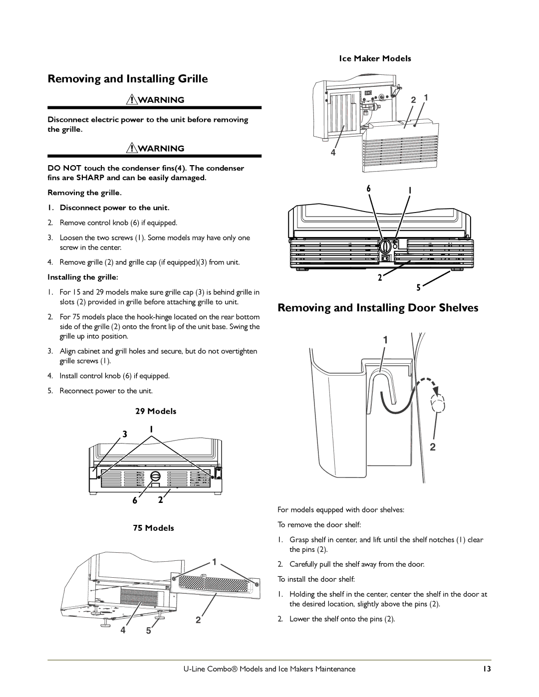 U-Line CO2175FF, C2275DWR manual Removing and Installing Grille, Removing and Installing Door Shelves, Installing the grille 