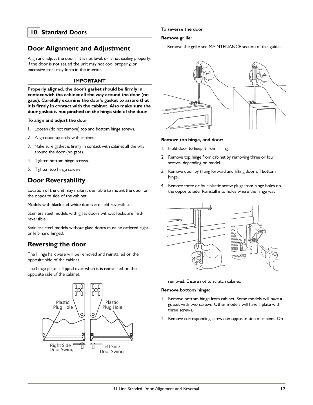 U-Line C2275DWR, CO2175FF, 2175RF manual To reverse the door Remove grille, Remove top hinge, and door, Remove bottom hinge 