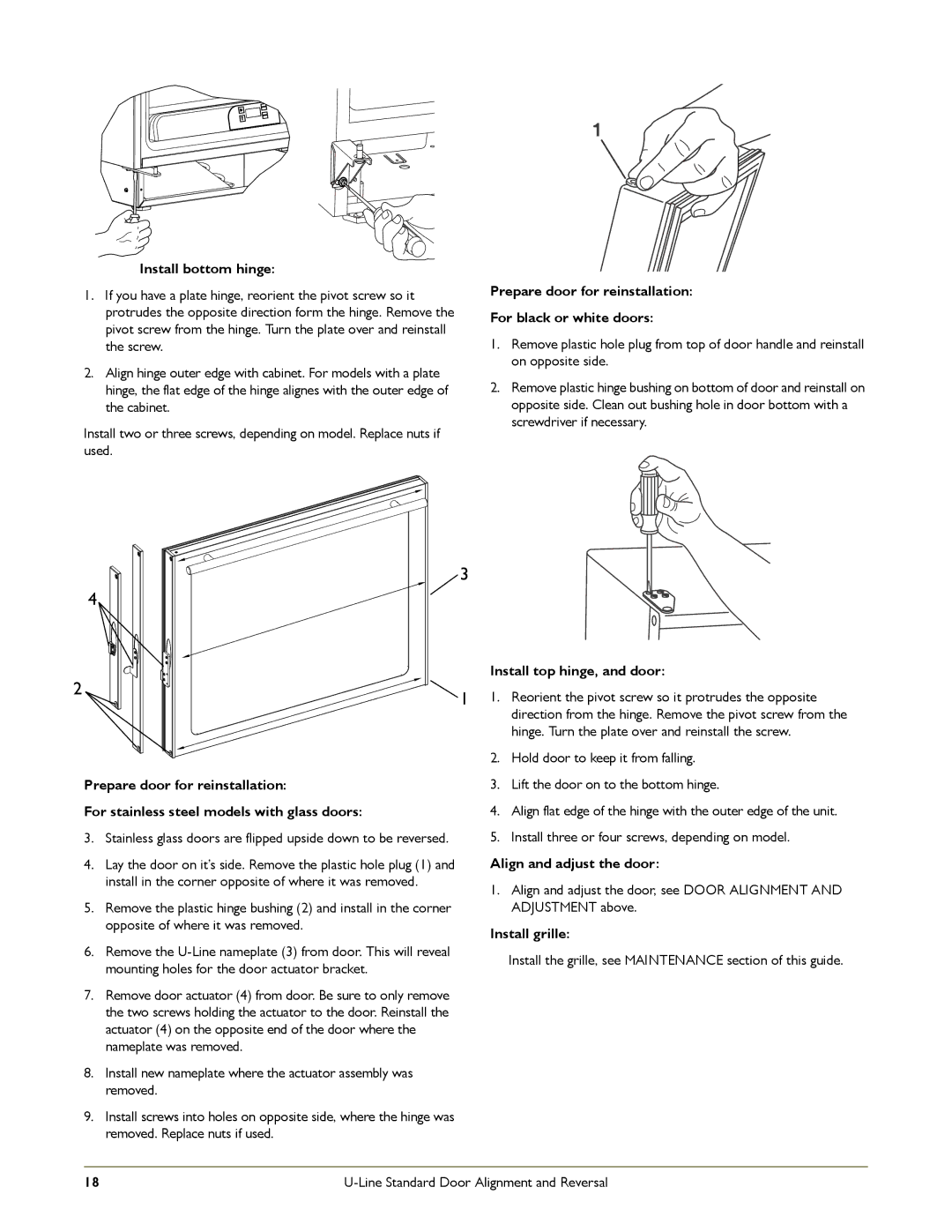 U-Line 2175RF Install bottom hinge, Prepare door for reinstallation For black or white doors, Install top hinge, and door 