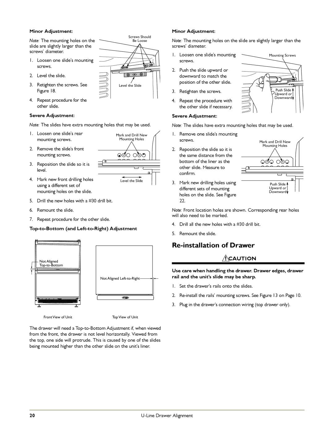 U-Line C2275DWR, CO2175FF, 2175RF manual Re-installation of Drawer, Top-to-Bottom and Left-to-Right Adjustment 