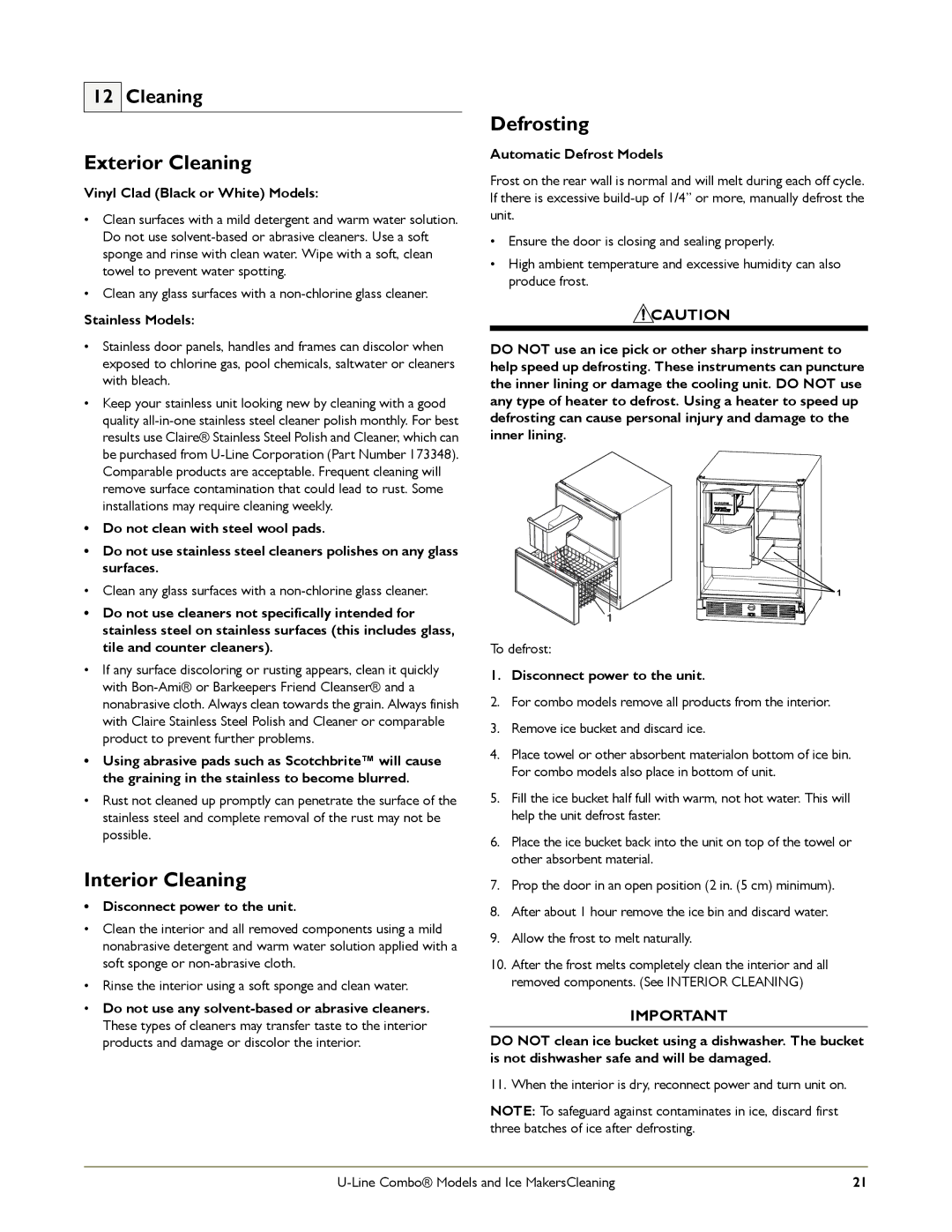 U-Line 2175RF, CO2175FF, C2275DWR manual Exterior Cleaning, Interior Cleaning, Defrosting 