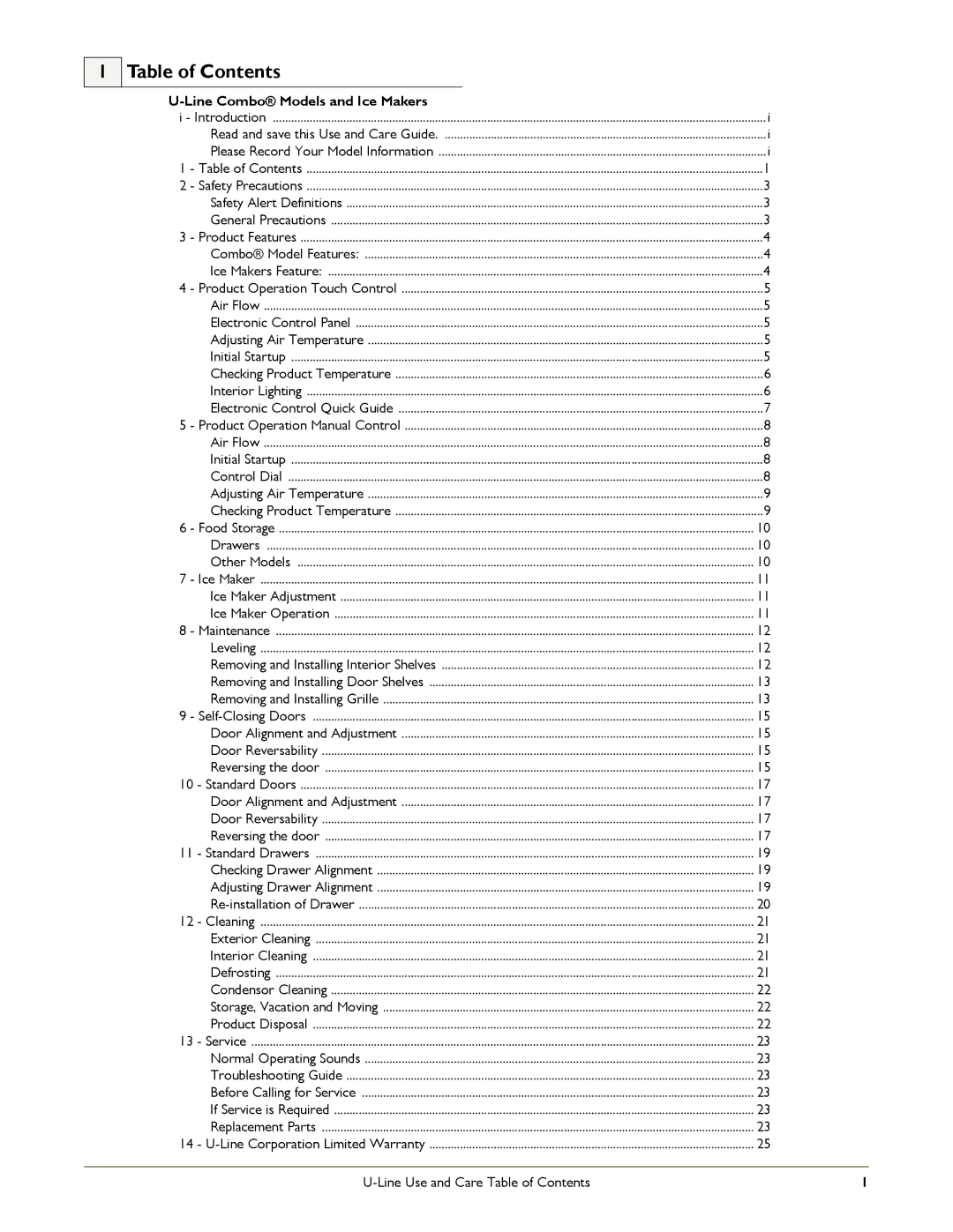 U-Line CO2175FF, C2275DWR, 2175RF manual Table of Contents 