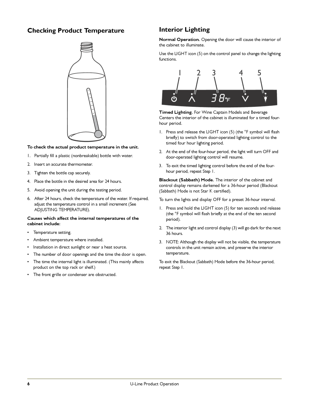 U-Line 2175RF manual Checking Product Temperature, Interior Lighting, To check the actual product temperature in the unit 