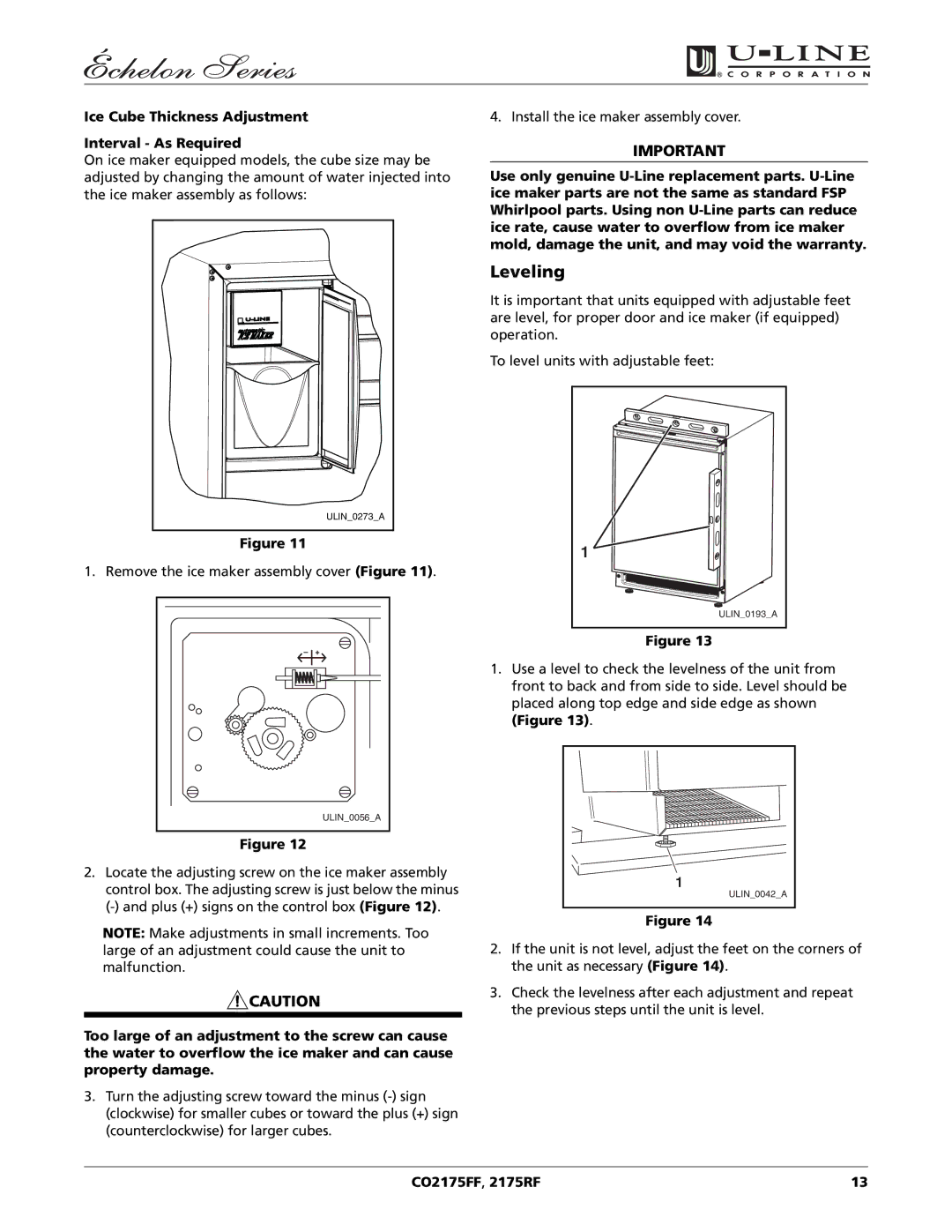 U-Line CO2175RF, CO2175FF manual Leveling, Ice Cube Thickness Adjustment Interval As Required 
