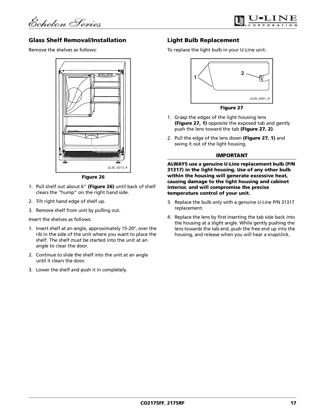 U-Line CO2175RF, CO2175FF manual Glass Shelf Removal/Installation, Light Bulb Replacement 