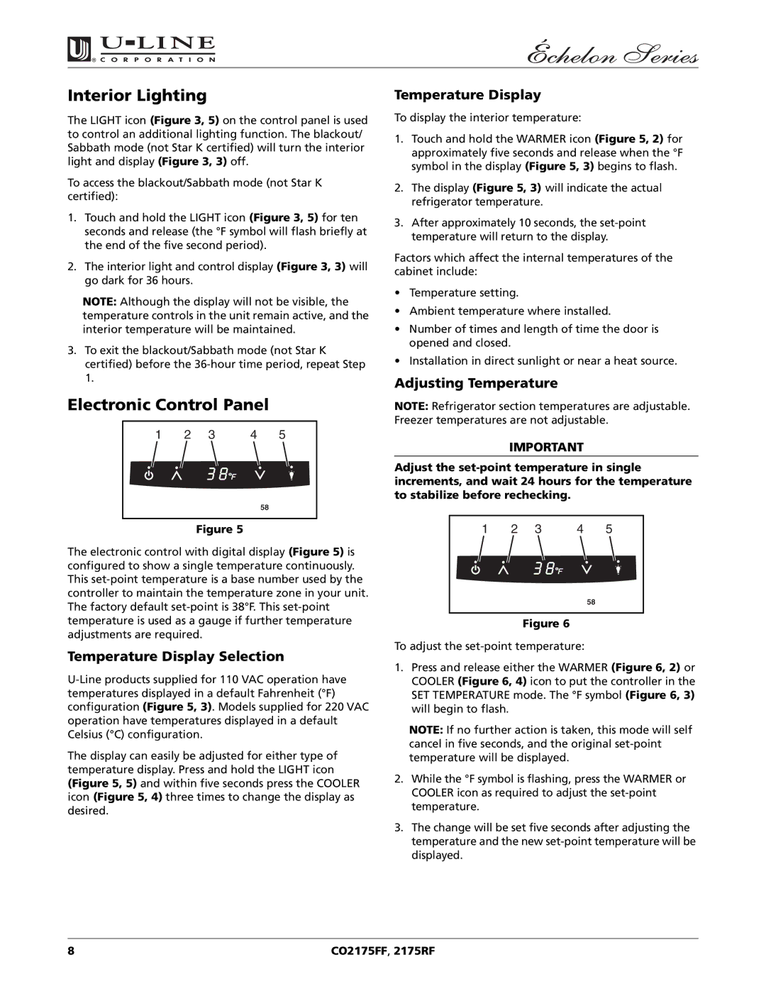 U-Line CO2175FF manual Interior Lighting, Electronic Control Panel, Temperature Display Selection, Adjusting Temperature 