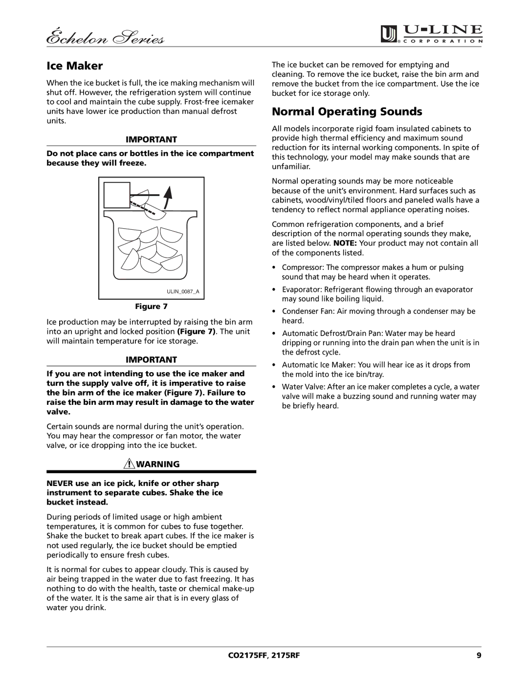 U-Line CO2175RF, CO2175FF manual Ice Maker, Normal Operating Sounds 