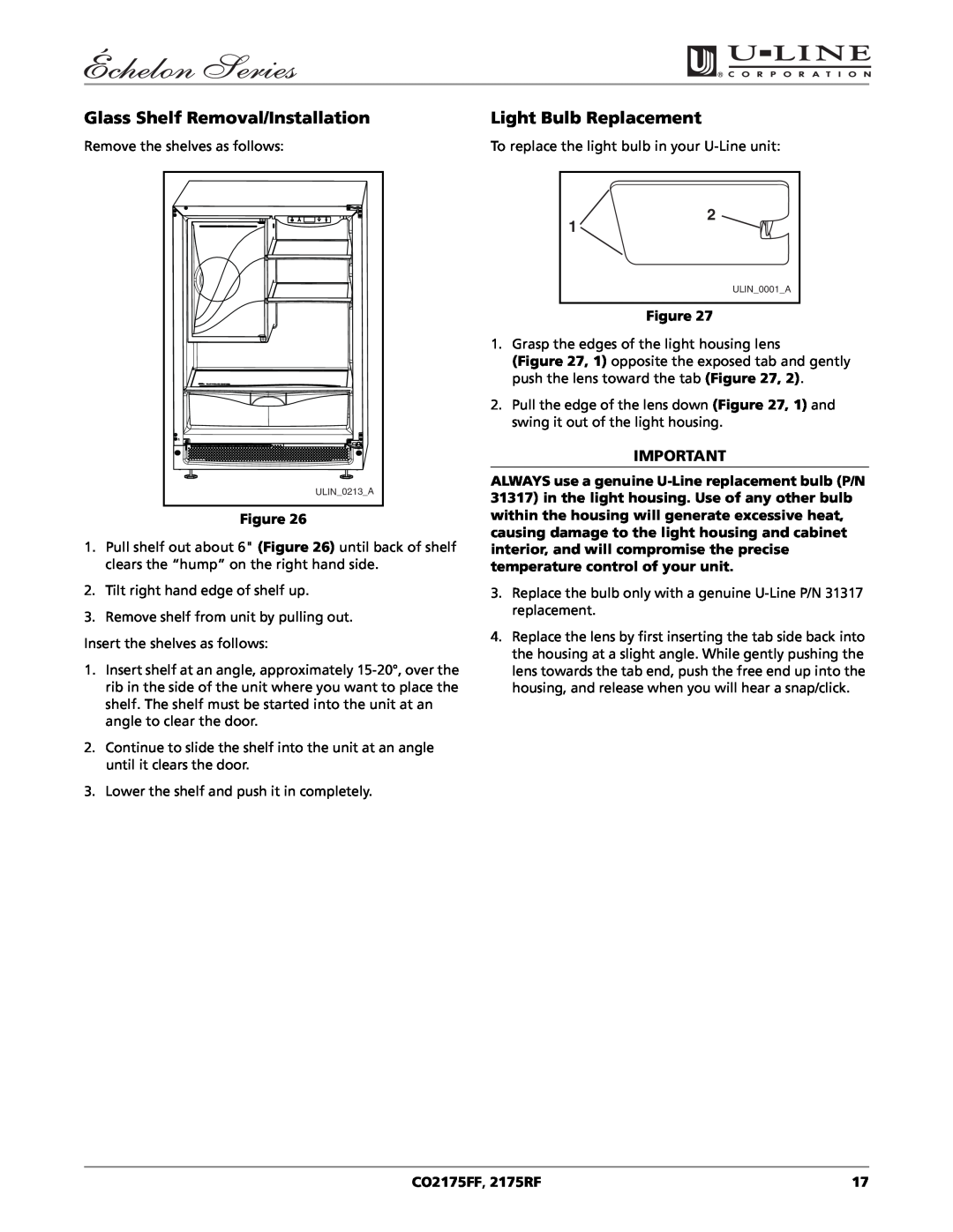 U-Line CO2175RF manual Glass Shelf Removal/Installation, Light Bulb Replacement, CO2175FF, 2175RF 