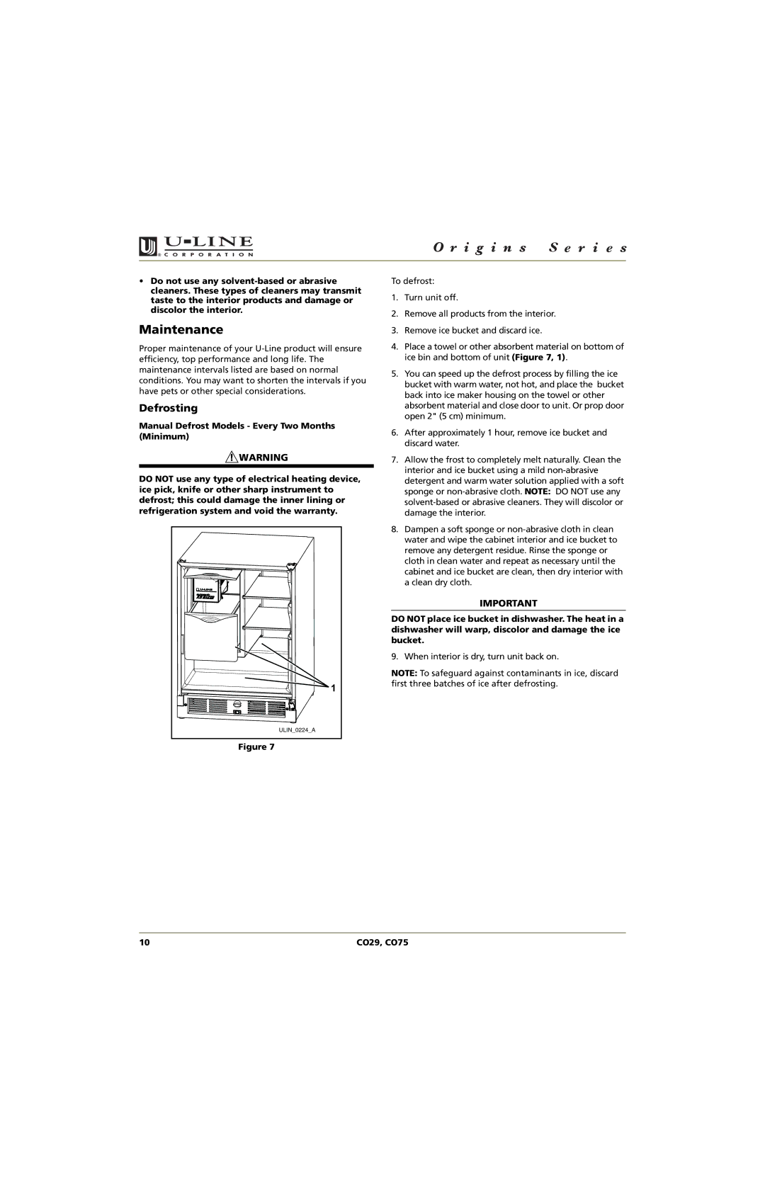 U-Line CO29, CO75 manual Maintenance, Defrosting 