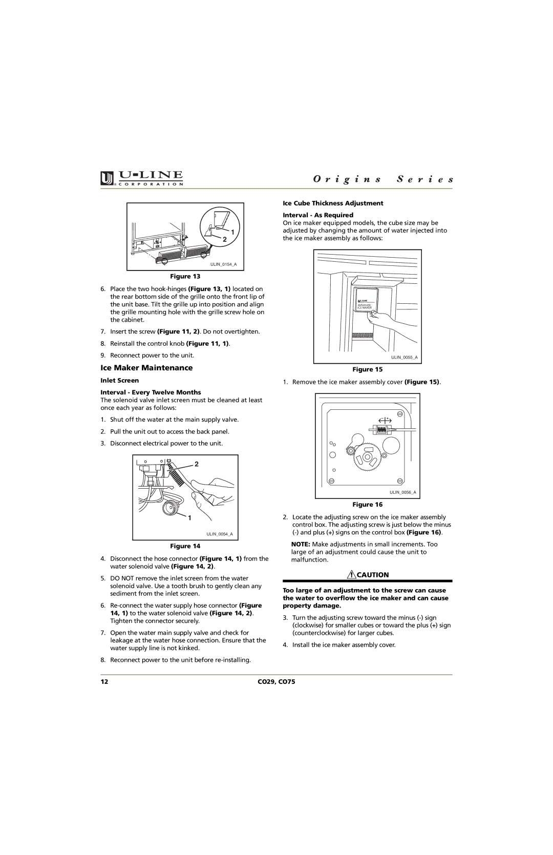 U-Line CO29, CO75 manual Ice Maker Maintenance, Inlet Screen Interval Every Twelve Months 