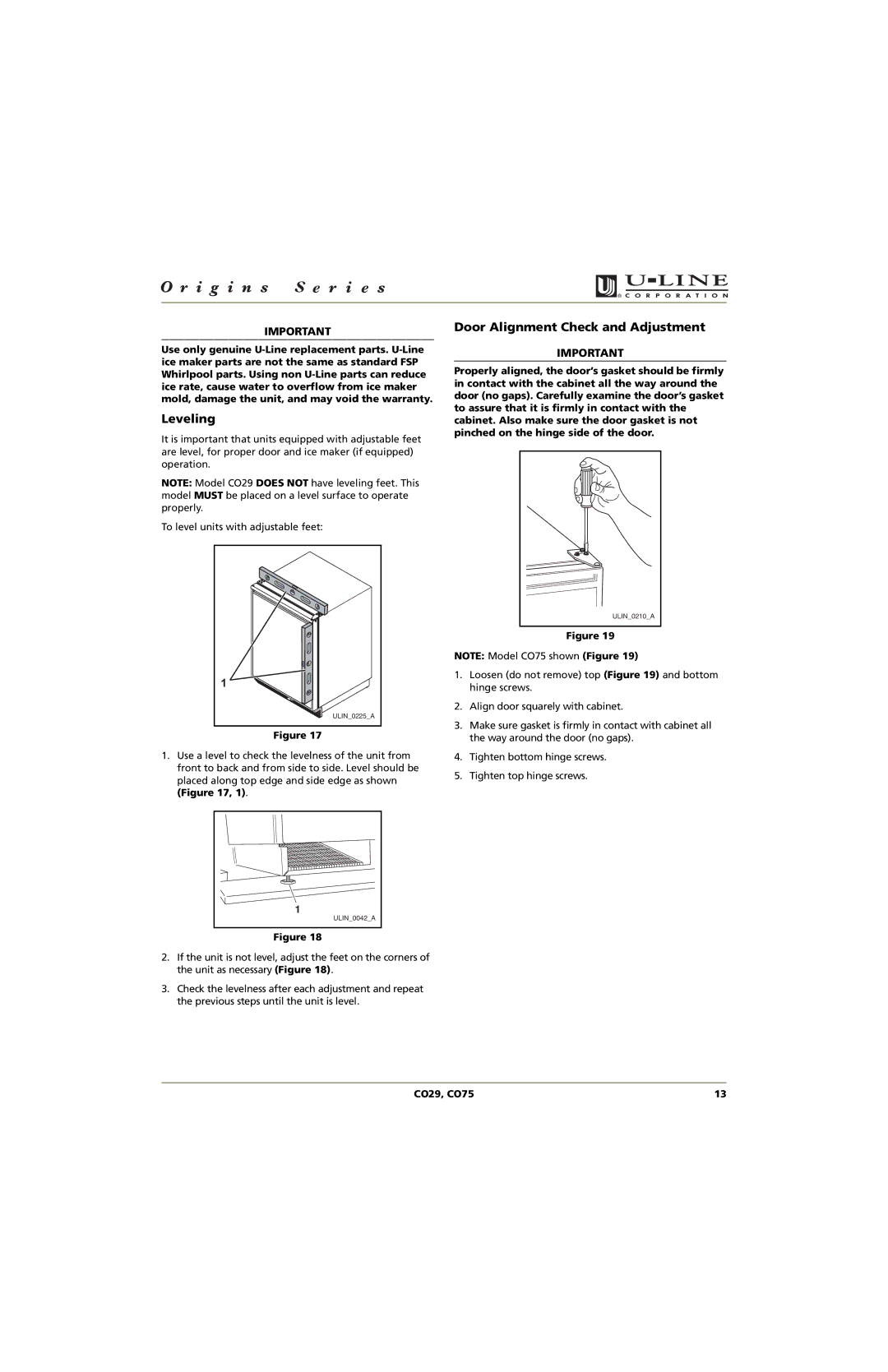 U-Line CO75, CO29 manual Leveling, Door Alignment Check and Adjustment 